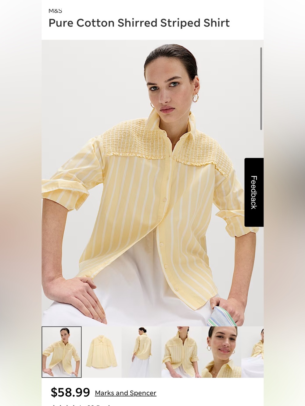 M&S Cotton Shirred Blouse Yellow Stripe Ruffle Cuffs | NWT | Size 16 US